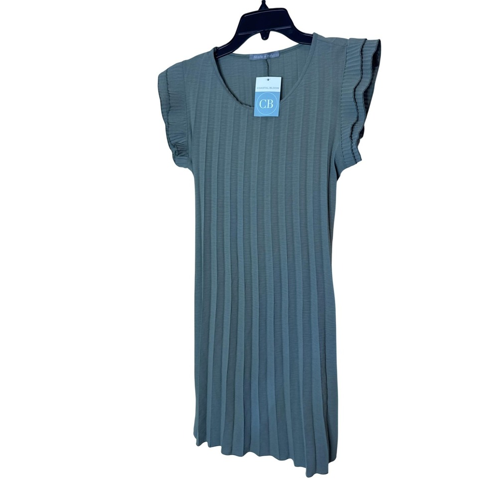 Coastal Bloom Dress Womens One Size Green Pleated Flutter‎ Belted Knee Length